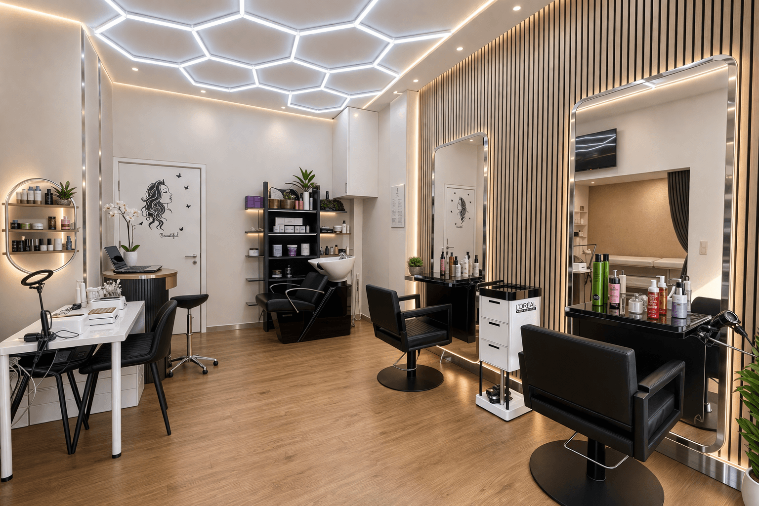 Luxury beauty salon interior with elegant lighting